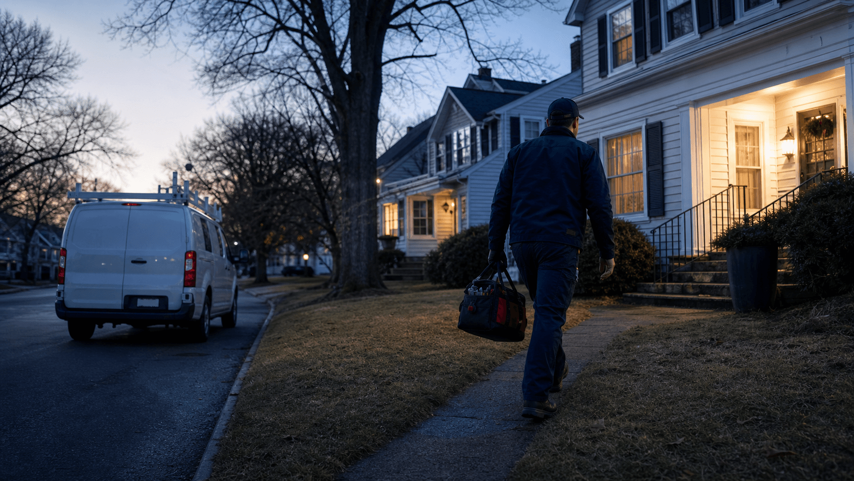 Service professional arriving at a local home in the evening