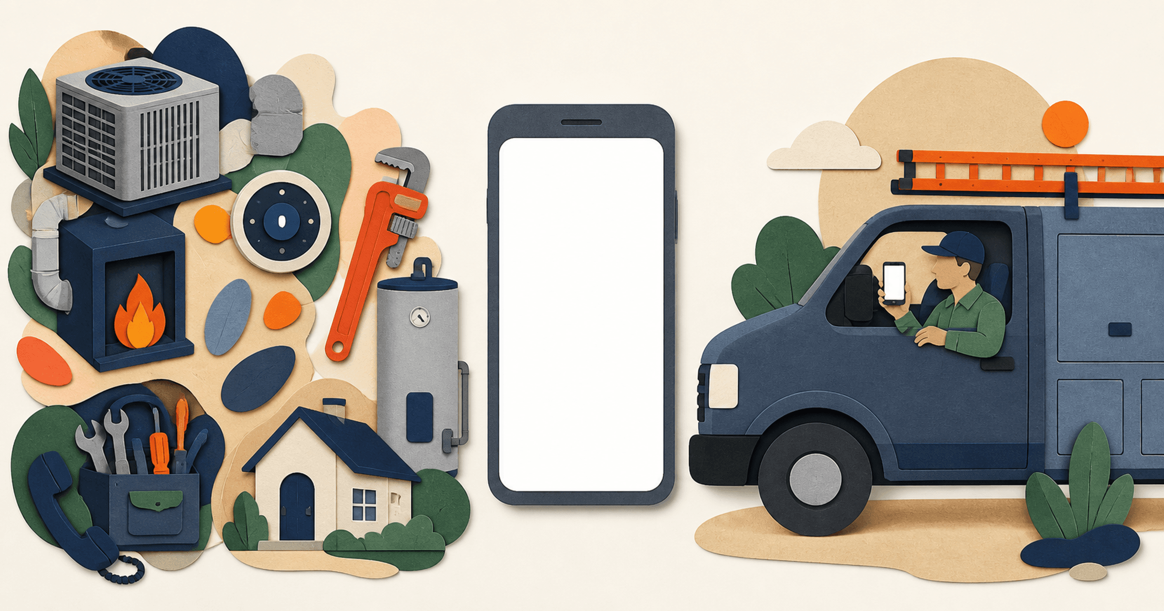 Everything arriving at a small trades business - a condenser, a furnace, a thermostat, tools, a phone - funnelling into one phone, and out to an owner sitting in a parked work van
