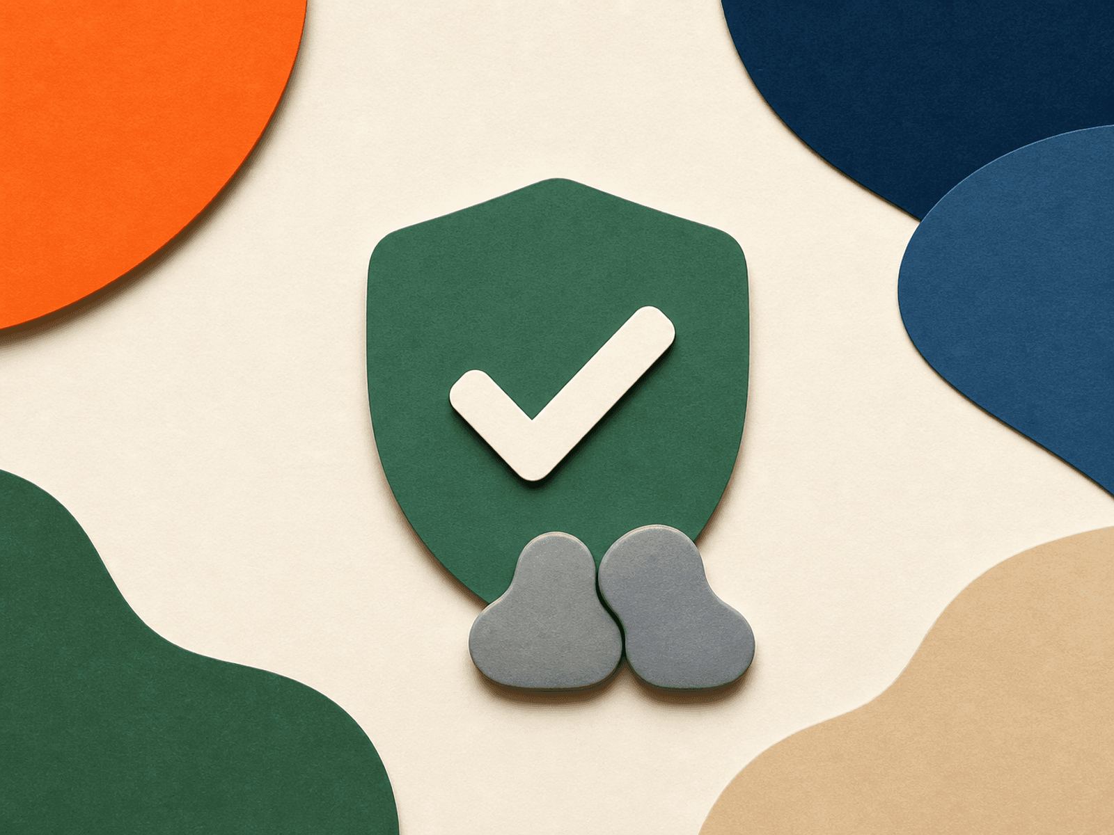A green shield with a check mark, with two small stones resting against its edge