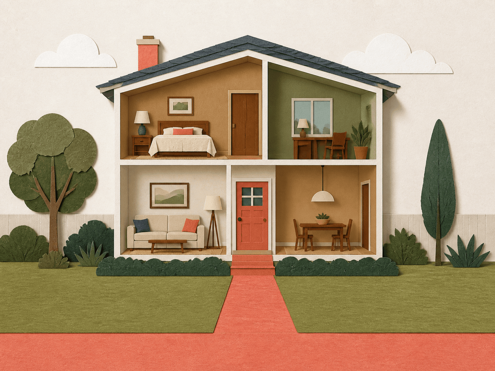 A house in cross-section with a clear path leading out through the front door and away