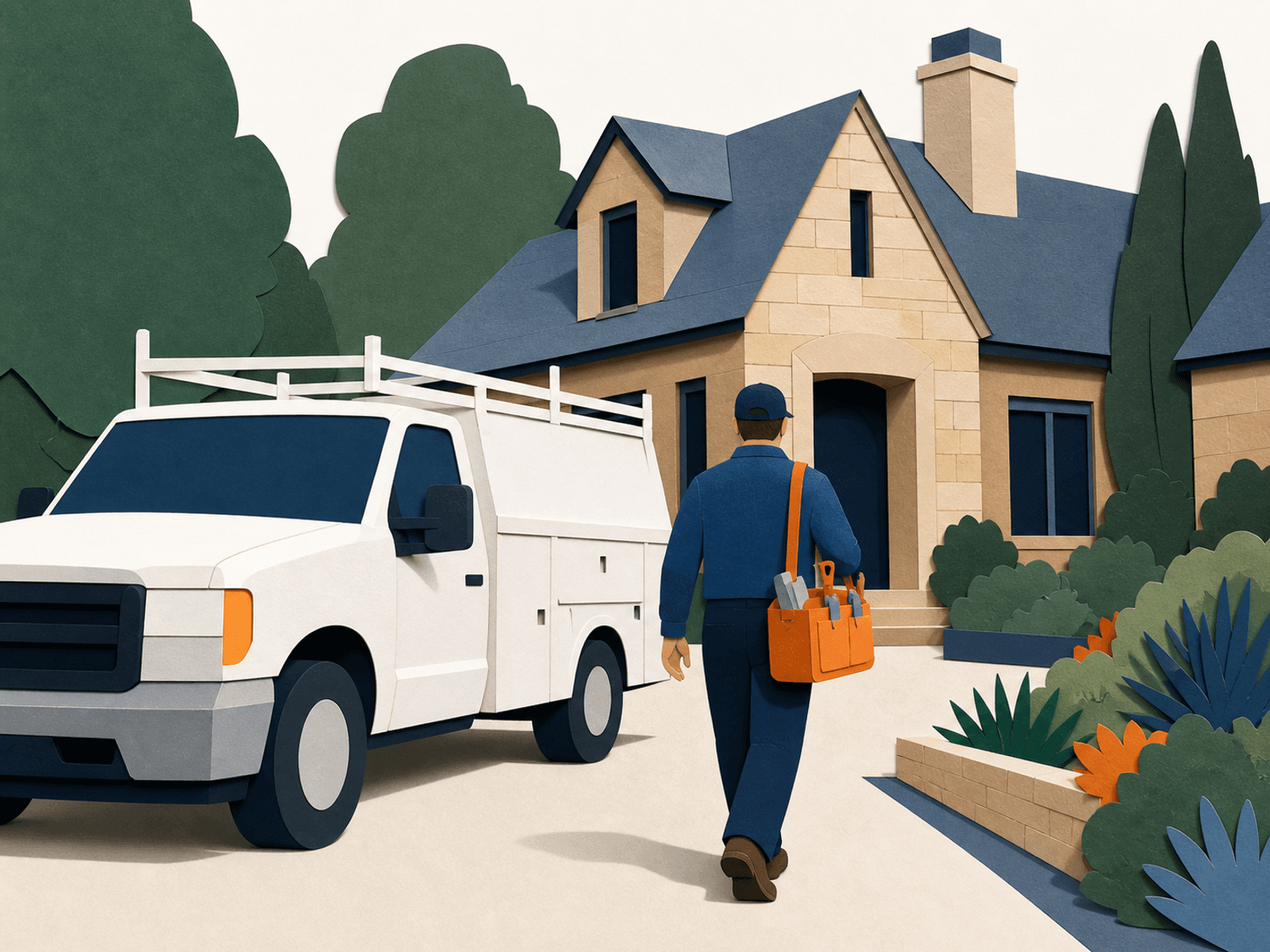 A work truck parked in a driveway while a technician walks to the house with a tool bag
