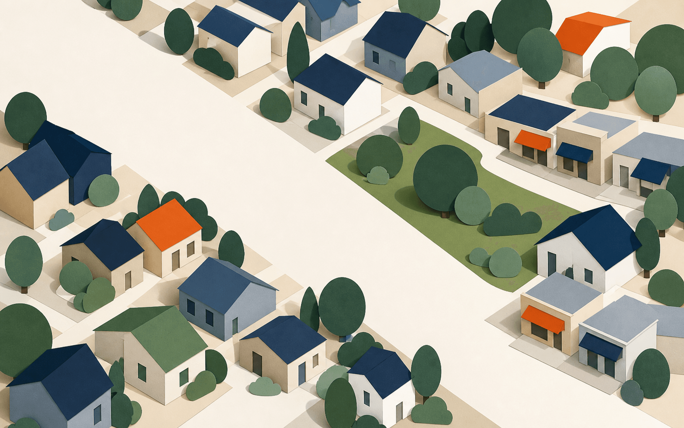 A neighbourhood of houses seen from above, with a route running along the streets to one house